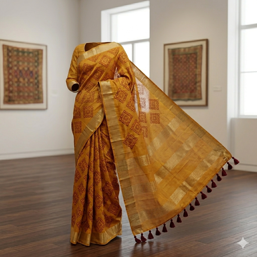 Kota Silk Bhagalpuri saree by Bhavya Lakshmi Fabrics Mustard yellow Chanderi silk Bhagalpuri saree featuring maroon geometric embroidery, a gold zari border, and maroon pom-poms on the pallu