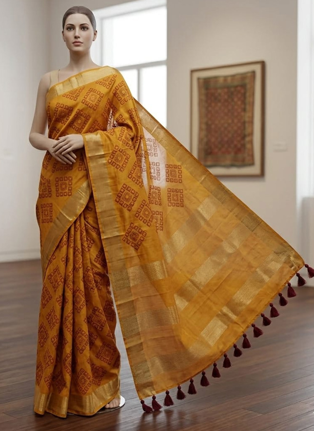 Mustard-Yellow-Chanderi-Silk Mustard yellow Chanderi silk Bhagalpuri saree featuring maroon geometric embroidery, a gold zari border, and maroon pom-poms on the pallu