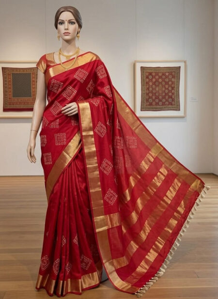 A mannequin wearing a red Kota silk Bhagalpuri saree featuring white geometric square embroidery, a thick gold zari border, and cream tassels.