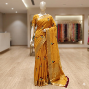A mustard yellow Kota silk Bhagalpuri saree with red and green floral embroidery, gold zari borders, and maroon pompom edging on a mannequin.