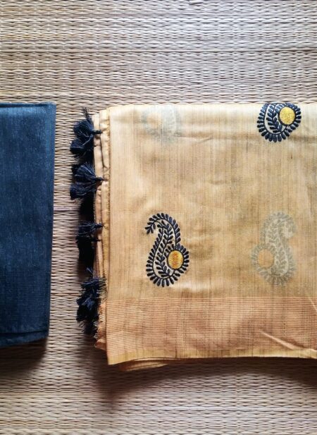 Beige Baswada Silk Saree with Contrast Paisley Embroidery and Pompoms