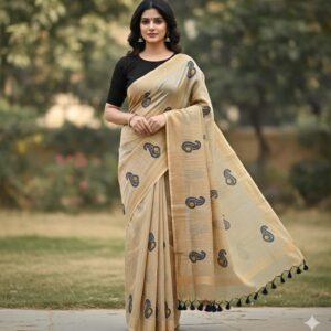 Beige Baswada Silk Saree with Contrast Paisley Embroidery and Pompoms