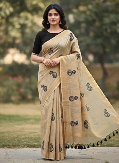 Beige Baswada Silk Saree with Contrast Paisley Embroidery and Pompoms