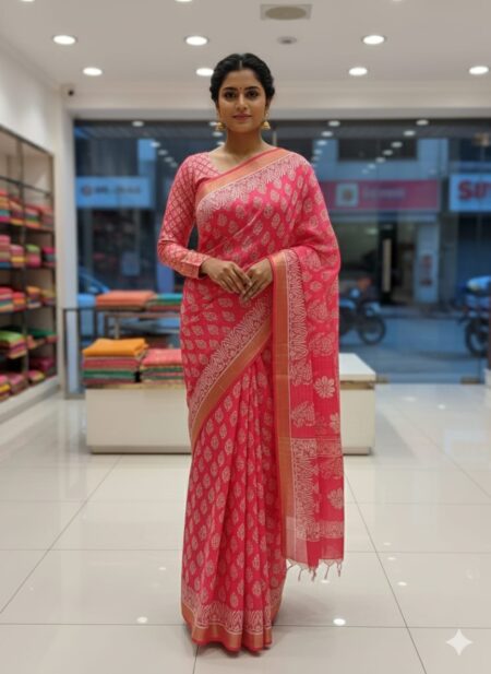 An Indian model showcases a vibrant pink Kota Silk Bhagalpuri saree from Bhavya Lakshmi Fabrics featuring a white traditional Bagru block print, a structured zari border, and a matching long-sleeved blouse.