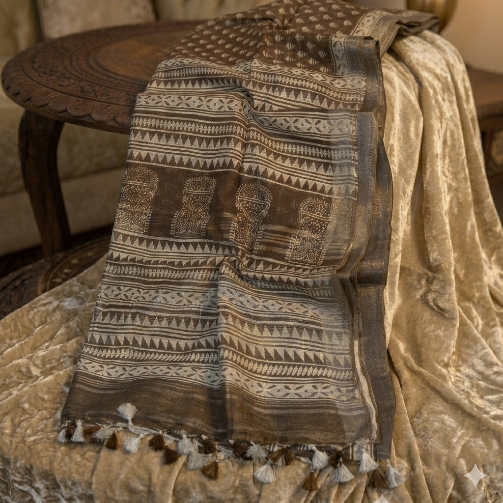 earth brown semi-linen Bhagalpuri saree By Bhavya Lakshmi Fabrics Bhavyaloom 1 Elegant earth brown semi-linen Bhagalpuri saree featuring white block prints, architectural pallu details, and pompom tassels.