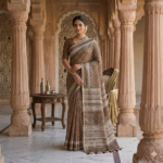 Elegant earth brown semi-linen Bhagalpuri saree featuring white block prints, architectural pallu details, and pompom tassels.