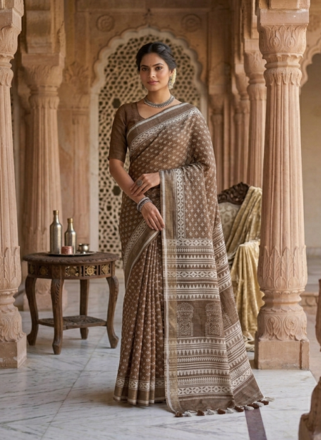 Elegant earth brown semi-linen Bhagalpuri saree featuring white block prints, architectural pallu details, and pompom tassels.