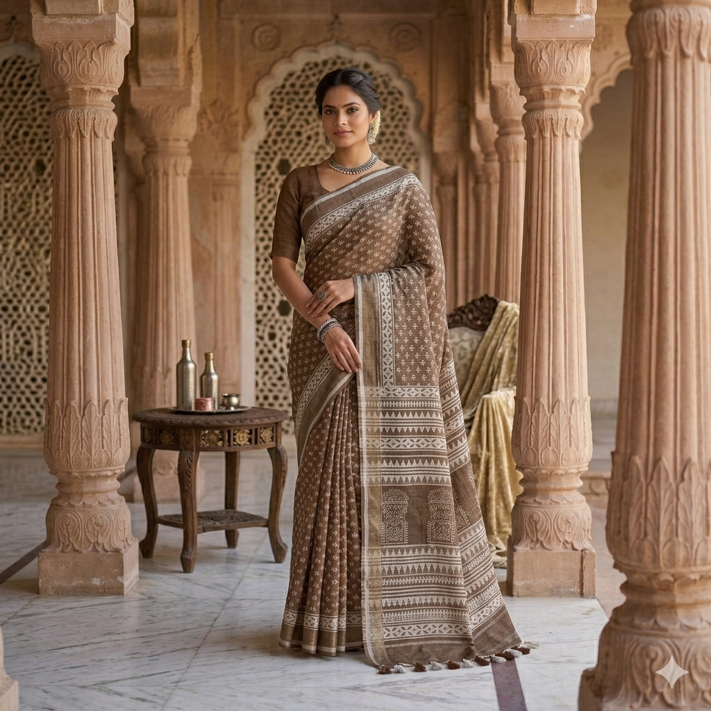 earth brown semi-linen Bhagalpuri saree By Bhavya Lakshmi Fabrics Bhavyaloom Elegant earth brown semi-linen Bhagalpuri saree featuring white block prints, architectural pallu details, and pompom tassels.