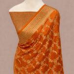 Premium Orange Banarasi Katan Silk Saree | Gold Zari Floral Work