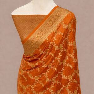 Premium Orange Banarasi Katan Silk Saree | Gold Zari Floral Work