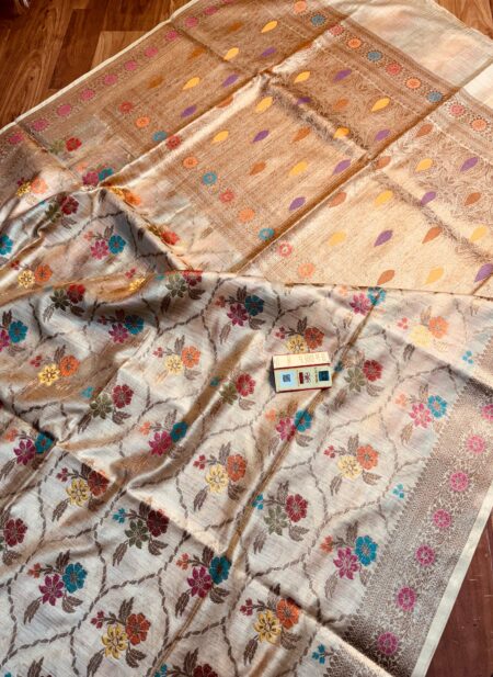 Natural beige pure Bhagalpuri Munga silk saree from Bhavya Lakshmi Fabrics featuring a multi-color floral Meenakari jaal and an intricate gold zari border