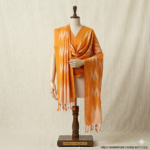 Bhavya Lakshmi Fabrics orange and white handwoven Ikkat cotton dupatta on a mannequin.