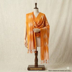 Bhavya Lakshmi Fabrics orange and white handwoven Ikkat cotton dupatta on a mannequin.