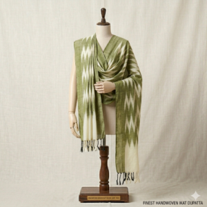 Bhavya Lakshmi Fabrics olive green and cream handwoven Ikkat cotton dupatta on a mannequin.