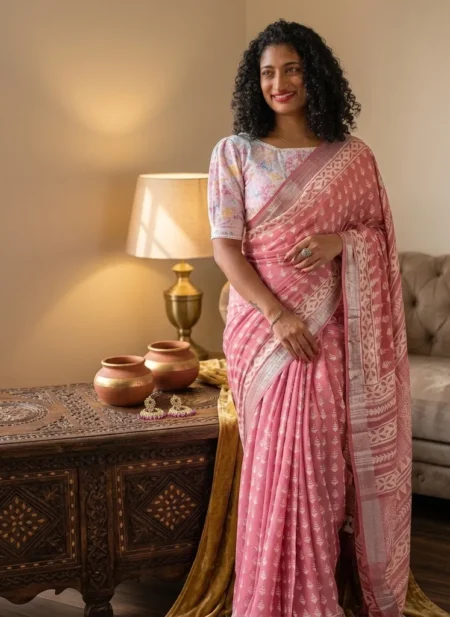 Dusty rose pink linen blend Bhagalpuri saree featuring white geometric Bagru prints and elegant pompom tassels.