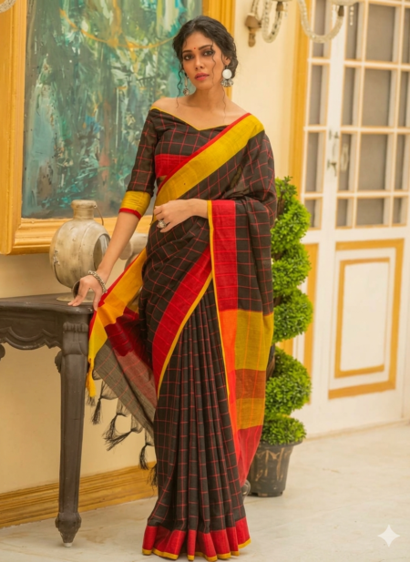 An Indian model showcases a black checkered Bhagalpuri pure linen saree by Bhavya Lakshmi Fabrics with a striking red and yellow border, featuring a matching off-shoulder blouse.
