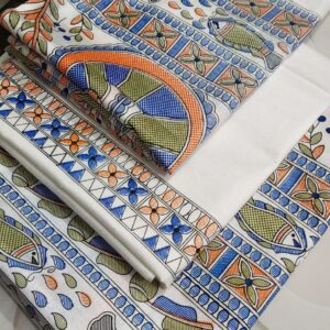 Off-white dupion slub silk unstitched suit material featuring traditional green, orange, and blue Madhubani fish prints.