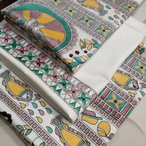 Off-white dupion slub silk unstitched suit material featuring traditional yellow fish motifs and geometric Madhubani art prints.