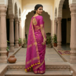 A woman smiles while wearing a bright magenta Kota silk Bhagalpuri saree featuring small gold star embroidery, a gold zari border, and bright yellow tassels.