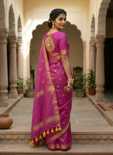 A woman smiles while wearing a bright magenta Kota silk Bhagalpuri saree featuring small gold star embroidery, a gold zari border, and bright yellow tassels.