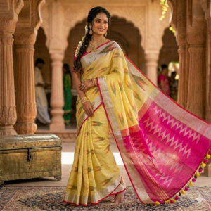 Bhavya Lakshmi Fabrics lemon yellow and magenta handloom Bhagalpuri Pochampally Ikkat cotton saree with a silver border.