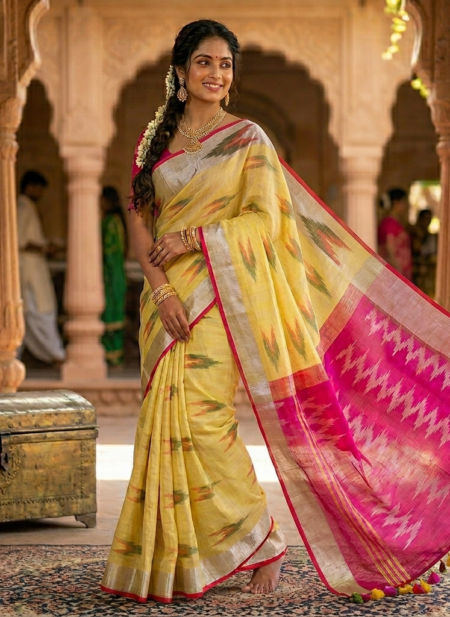 Bhavya Lakshmi Fabrics lemon yellow and magenta handloom Bhagalpuri Pochampally Ikkat cotton saree with a silver border.