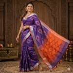 Bhavya Lakshmi Fabrics royal purple and vibrant orange handloom Pochampally Ikkat cotton linen blend saree with a silver border.