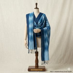 Bhavya Lakshmi Fabrics indigo blue and sky blue handwoven Ikkat cotton dupatta on a mannequin.