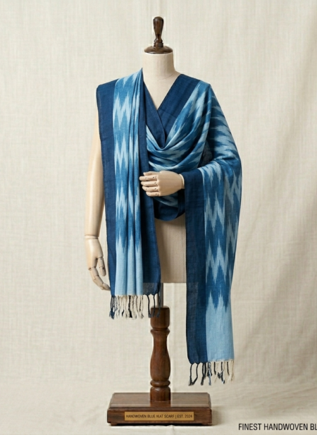 Bhavya Lakshmi Fabrics indigo blue and sky blue handwoven Ikkat cotton dupatta on a mannequin.