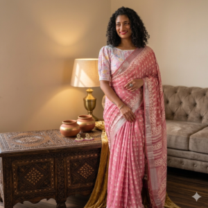 Dusty rose pink linen blend Bhagalpuri saree featuring white geometric Bagru prints and elegant pompom tassels.