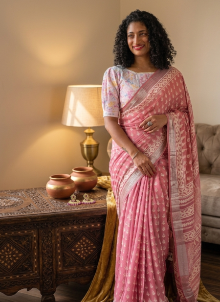 Dusty rose pink linen blend Bhagalpuri saree featuring white geometric Bagru prints and elegant pompom tassels.