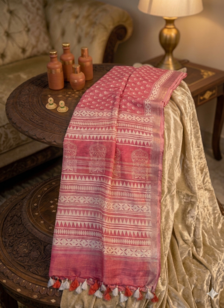 Dusty rose pink linen blend Bhagalpuri saree featuring white geometric Bagru prints and elegant pompom tassels.