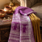 Royal purple linen blend Bhagalpuri saree featuring white geometric Bagru prints and elegant pompom tassels.