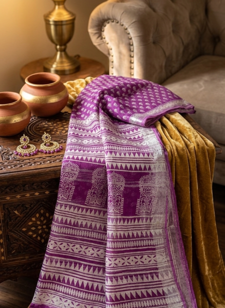 Royal purple linen blend Bhagalpuri saree featuring white geometric Bagru prints and elegant pompom tassels.