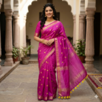 A woman smiles while wearing a bright magenta Kota silk Bhagalpuri saree featuring small gold star embroidery, a gold zari border, and bright yellow tassels.