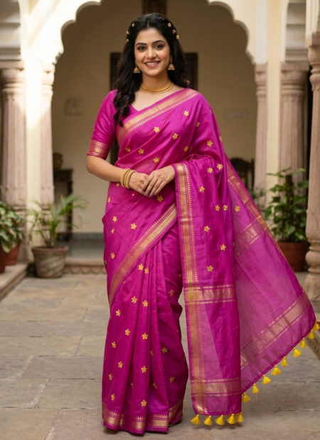 A woman smiles while wearing a bright magenta Kota silk Bhagalpuri saree featuring small gold star embroidery, a gold zari border, and bright yellow tassels.