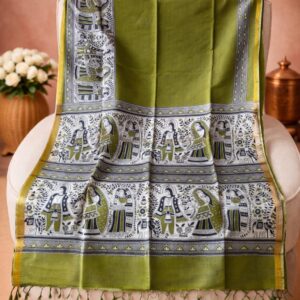 An olive green Kota silk Bhagalpuri saree from Bhavya Lakshmi Fabrics featuring detailed monochrome and olive Madhubani art prints of folklore figures and decorative borders.