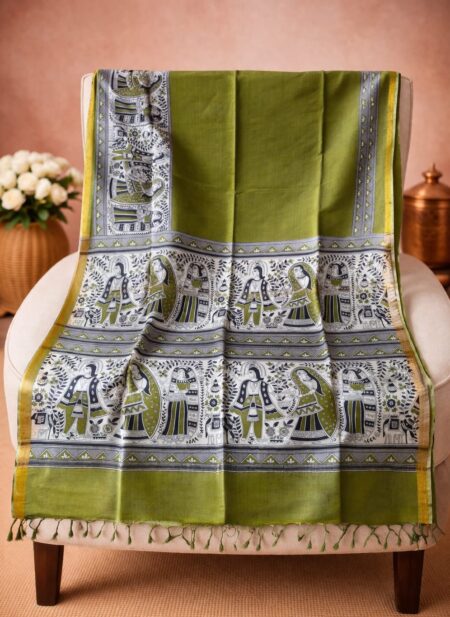 An olive green Kota silk Bhagalpuri saree from Bhavya Lakshmi Fabrics featuring detailed monochrome and olive Madhubani art prints of folklore figures and decorative borders.