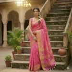 A woman wearing a vibrant pink Kota Silk Bhagalpuri saree with a wide gold zari border and white tassels standing on stone steps.
