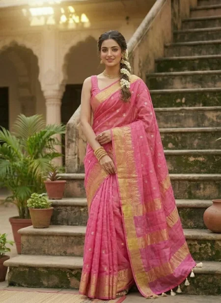 A woman wearing a vibrant pink Kota Silk Bhagalpuri saree with a wide gold zari border and white tassels standing on stone steps.