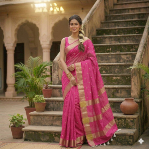 A woman wearing a vibrant pink Kota Silk Bhagalpuri saree with a wide gold zari border and white tassels standing on stone steps.
