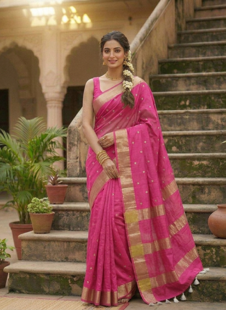 A woman wearing a vibrant pink Kota Silk Bhagalpuri saree with a wide gold zari border and white tassels standing on stone steps.