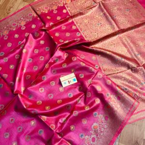 Radiate celebration in every drape. 💖 This Pure Bhagalpuri Munga Silk Saree from Bhavya Lakshmi Fabrics features vibrant Meenakari floral butis, perfectly merging bold festive tones with heritage handloom artistry.