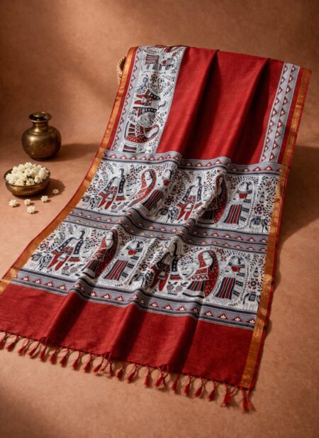 A deep red Kota silk Bhagalpuri saree from Bhavya Lakshmi Fabrics featuring detailed multicolored Madhubani art prints of folklore figures and ritual animals.