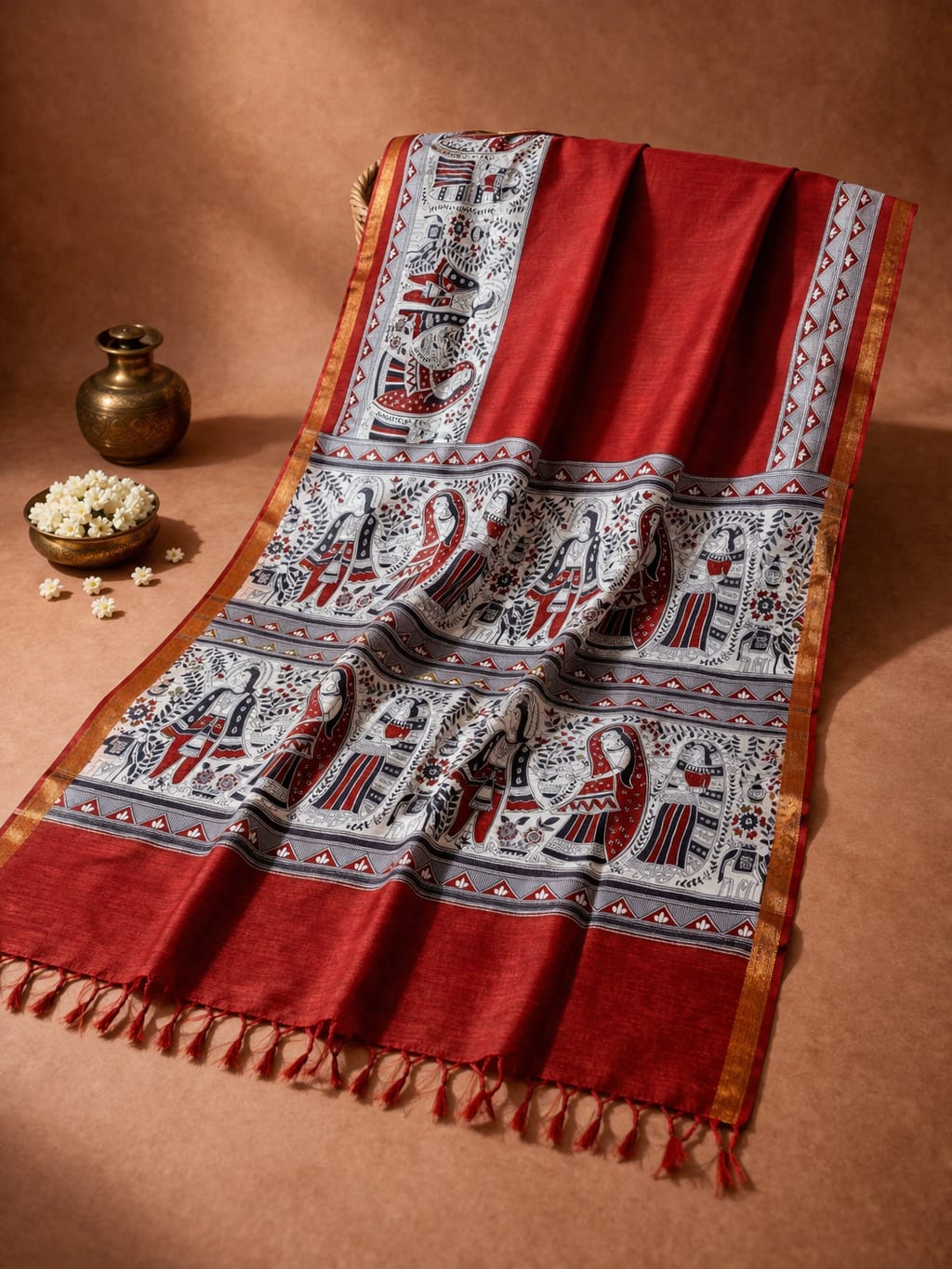 Red Kota Silk Bhagalpuri Saree with Madhubani Print A deep red Kota silk Bhagalpuri saree from Bhavya Lakshmi Fabrics featuring detailed multicolored Madhubani art prints of folklore figures and ritual animals.