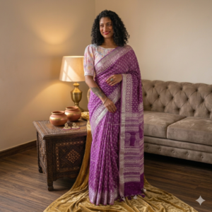 Royal purple linen blend Bhagalpuri saree featuring white geometric Bagru prints and elegant pompom tassels.