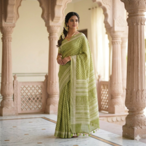 Sophisticated olive green linen blend Bhagalpuri saree featuring white geometric Bagru prints and elegant pompom tassels.