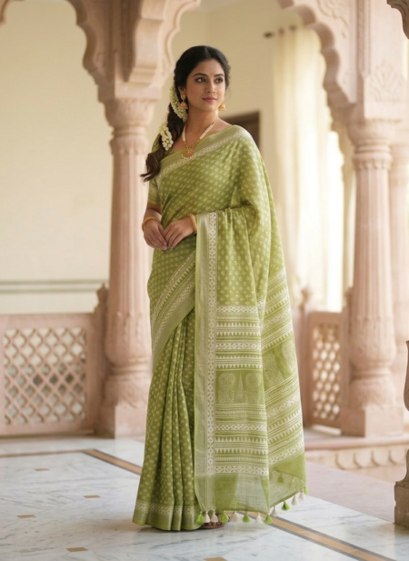 Sophisticated olive green linen blend Bhagalpuri saree featuring white geometric Bagru prints and elegant pompom tassels.