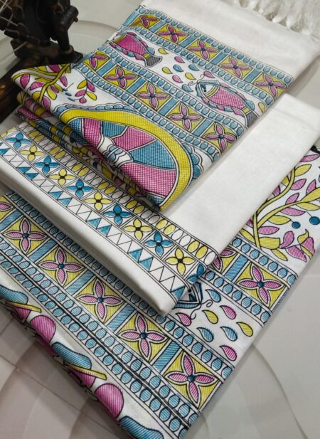 Off-white dupion slub silk unstitched suit material featuring traditional pink, yellow, and blue Madhubani fish and bird prints.