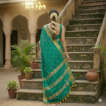 A woman poses in a teal green Kota silk Bhagalpuri saree featuring gold floral buta embroidery and a wide gold zari border on a set of stone steps.